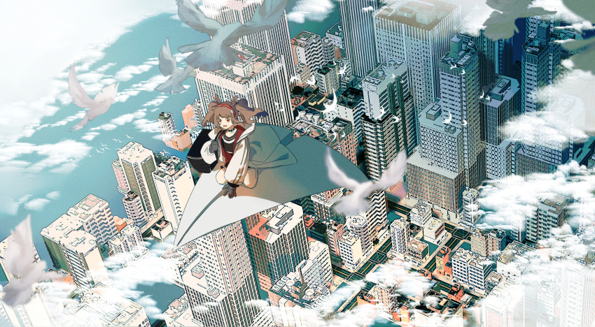 1girl absurdres angelina_(arknights) animal_ears arknights bag bird black_gloves black_shirt brown_hair building city clouds coat collar day duffel_bag flying fox_ears from_above full_body gloves haku_(muc12b) highres infection_monitor_(arknights) kneeling long_hair long_sleeves open_clothes open_coat open_mouth outdoors paper_airplane puffy_long_sleeves puffy_sleeves red_eyes scenery shirt sidelocks solo twintails white_coat