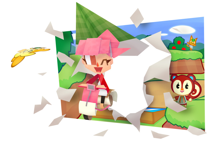 3d absurdres animal_crossing cat dog_girl highres isabelle_(animal_crossing) mario_kart origami papaver_(flower) paper pink_hair ponytail poppy_(animal_crossing) somefoolfp squirrel tangy_(animal_crossing) villager_(animal_crossing)