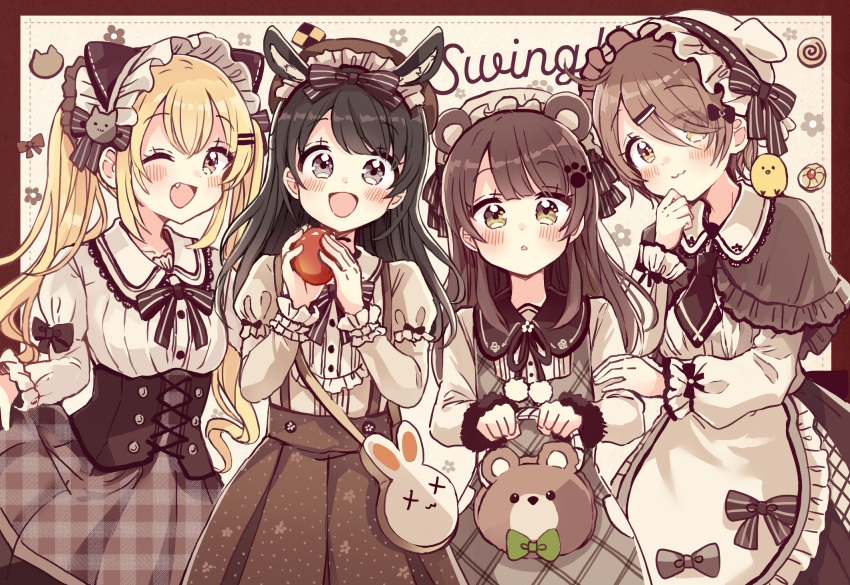 4girls :3 :o ;d animal_bag animal_ear_fluff animal_ears apple apron bag bangs bear_ears beret black_bow black_capelet black_hair blonde_hair blush bow breasts brown_eyes brown_hair brown_headwear brown_skirt capelet closed_mouth collared_shirt commentary_request dress eyebrows_visible_through_hair eyes_visible_through_hair fang food frilled_apron frilled_capelet frills fruit fur-trimmed_sleeves fur_trim grey_dress grey_eyes hair_between_eyes hair_ornament hair_over_one_eye hairclip hat highres holding holding_bag holding_food holding_fruit layered_sleeves long_hair long_sleeves mob_cap multiple_girls one_eye_closed original parted_lips plaid plaid_skirt pleated_skirt puffy_long_sleeves puffy_short_sleeves puffy_sleeves red_apple sakura_oriko school_uniform shirt short_over_long_sleeves short_sleeves shoulder_bag skirt sleeveless sleeveless_dress sleeves_past_wrists small_breasts smile striped striped_bow suspender_skirt suspenders twintails unmoving_pattern very_long_hair waist_apron white_apron white_headwear white_shirt