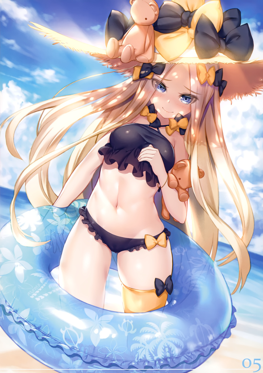 1girl abigail_williams_(emerald_float)_(fate) abigail_williams_(fate) absurdres bangs beach bikini blonde_hair blue_eyes blue_sky blush bow breasts closed_mouth clouds cloudy_sky day eyebrows_visible_through_hair fate/grand_order fate_(series) floral_print frills hamada_miku hat highres holding innertube lips long_hair looking_at_viewer multiple_bows navel ocean outdoors page_number scan see-through shiny shiny_clothes shiny_skin simple_background single_thighhigh sky sleeveless small_breasts smile solo stomach straw_hat stuffed_animal stuffed_toy swimsuit teddy_bear thigh-highs thighs water yellow_legwear