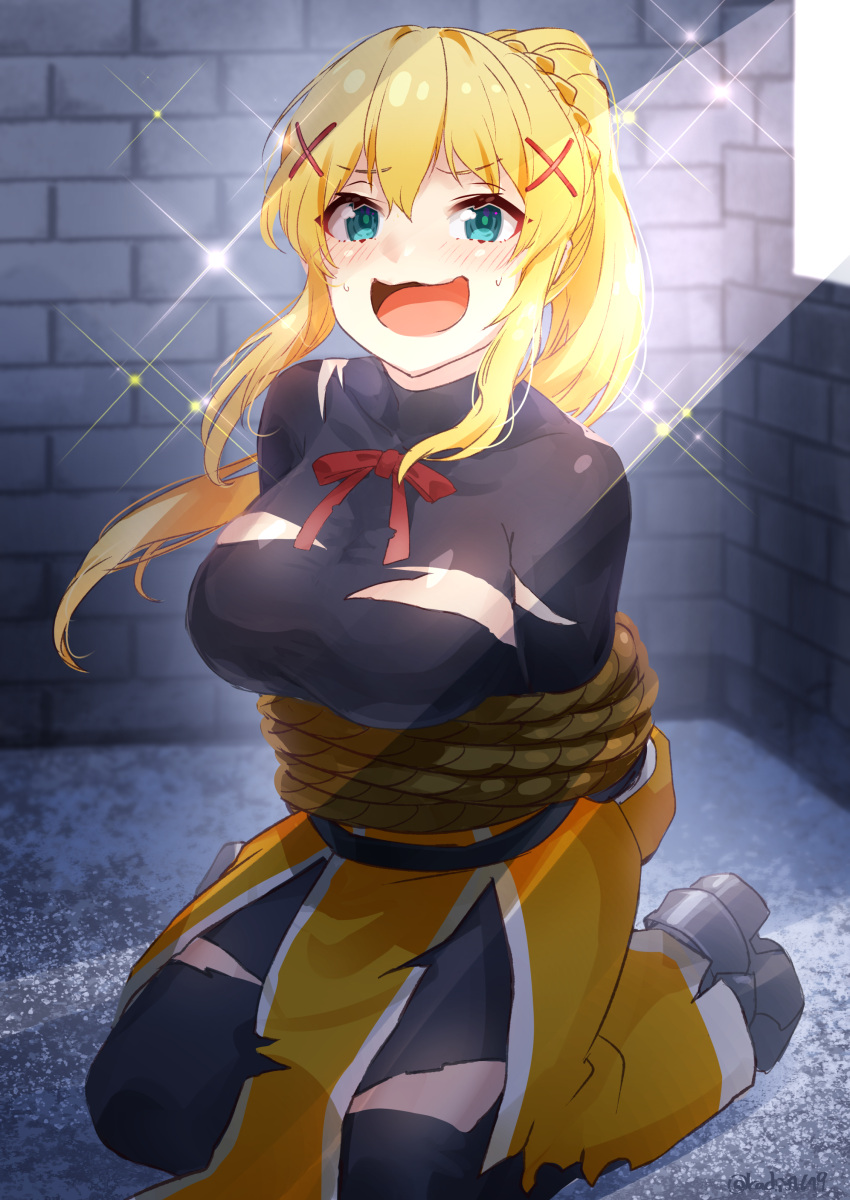 1girl absurdres bangs black_bodysuit blonde_hair blue_eyes blush bodysuit bound braid breasts darkness_(konosuba) hair_ornament highres kachin kono_subarashii_sekai_ni_shukufuku_wo! large_breasts long_hair looking_at_viewer open_mouth ponytail smile solo tied_up_(nonsexual) torn_clothes wavy_mouth x_hair_ornament