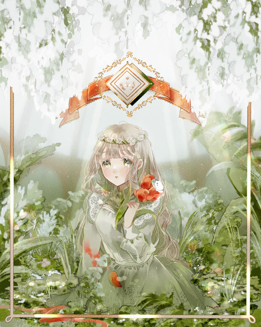 1girl absurdres bangs bug butterfly dress flower frilled_dress frills grass green_dress green_eyes greenhouse hair_flower hair_ornament highres leaf long_hair looking_at_viewer original outdoors picture_frame plant sakuraba_nao solo white_butterfly
