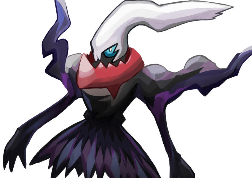 blue_eyes bright_pupils commentary_request darkrai highres looking_at_viewer no_humans pokemon pokemon_(creature) simple_background solo white_background white_hair white_pupils yatathi