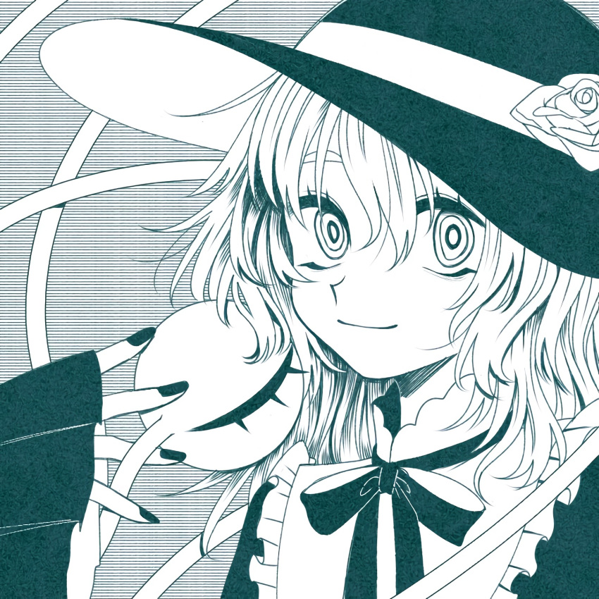1girl bad_id bad_pixiv_id blouse bow bowtie closed_mouth eyebrows_behind_hair fingernails flower frilled_shirt_collar frills greyscale hand_up hat hat_flower highres komeiji_koishi long_hair looking_at_viewer monochrome portrait rose safe3133 shirt smile solo symbol-only_commentary third_eye touhou wide_sleeves