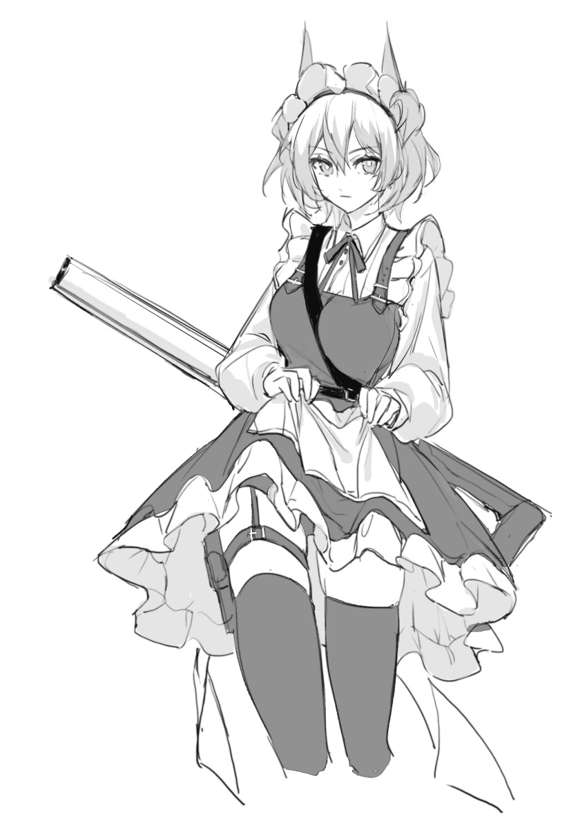 1girl absurdres alternate_costume apron apron_hold arknights bangs between_breasts breasts closed_mouth cropped_legs dress enmaided eyebrows_visible_through_hair feather_hair fiammetta_(arknights) greyscale gun highres long_sleeves looking_at_viewer luren_max maid maid_headdress medium_breasts monochrome neck_ribbon panties pantyshot ribbon shirt short_hair sketch solo strap_between_breasts thigh-highs thigh_strap underwear upskirt waist_apron weapon weapon_on_back