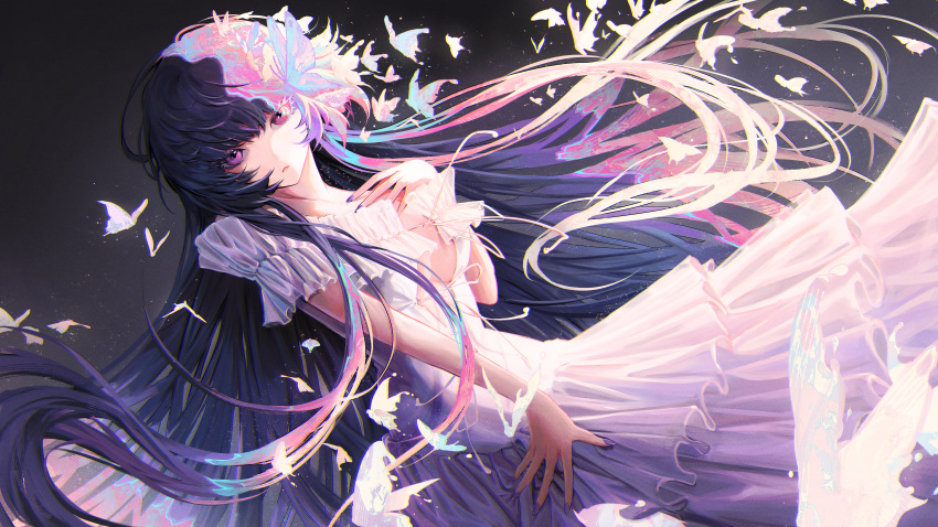 1girl absurdres bangs black_hair breasts bug butterfly dress dutch_angle grey_background gweni highres long_hair looking_at_viewer medium_breasts original purple_nails solo transformation violet_eyes