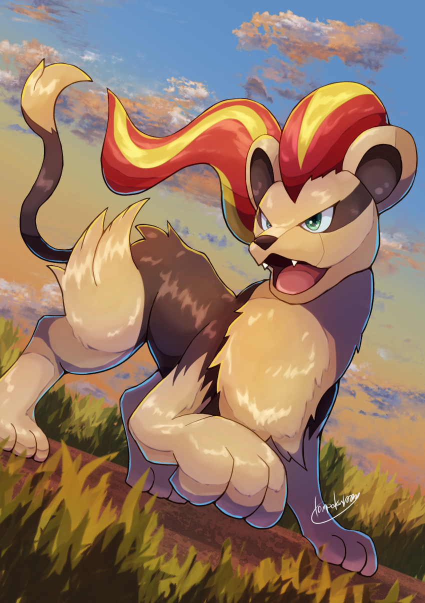 absurdres clouds commentary_request day fangs from_below grass green_eyes highres looking_to_the_side no_humans open_mouth outdoors pokemon pokemon_(creature) pyroar pyroar_(female) signature sky solo standing tanpakuroom tongue