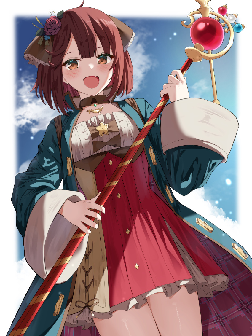 1girl :d absurdres atelier_(series) atelier_sophie blue_coat brown_eyes coat cowboy_shot dress fang firin flower frilled_dress frills from_below hair_flower hair_ornament hair_scarf hand_up happy highres holding holding_staff long_sleeves looking_at_viewer medium_hair multicolored_clothes multicolored_dress outdoors red_dress red_eyes redhead smile solo sophie_neuenmuller staff thighs wide_sleeves