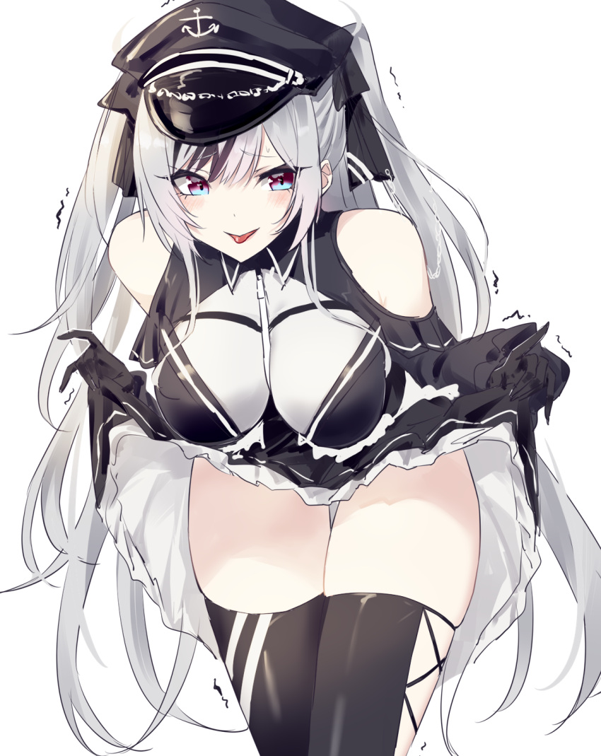 1girl :p anchor_print azur_lane bare_shoulders black_dress black_gloves black_hair black_headwear black_legwear blush clothes_lift cowboy_shot detached_sleeves dress dress_lift elbe_(azur_lane) embarrassed frilled_dress frills gloves hat highres leaning_forward lifted_by_self long_hair long_sleeves multicolored_hair silver_hair skindentation skirt_hold solo streaked_hair sutaa_dasuto-kun teasing thigh-highs thigh_gap thighs tongue tongue_out trembling two-tone_dress two-tone_hair two_side_up very_long_hair white_background