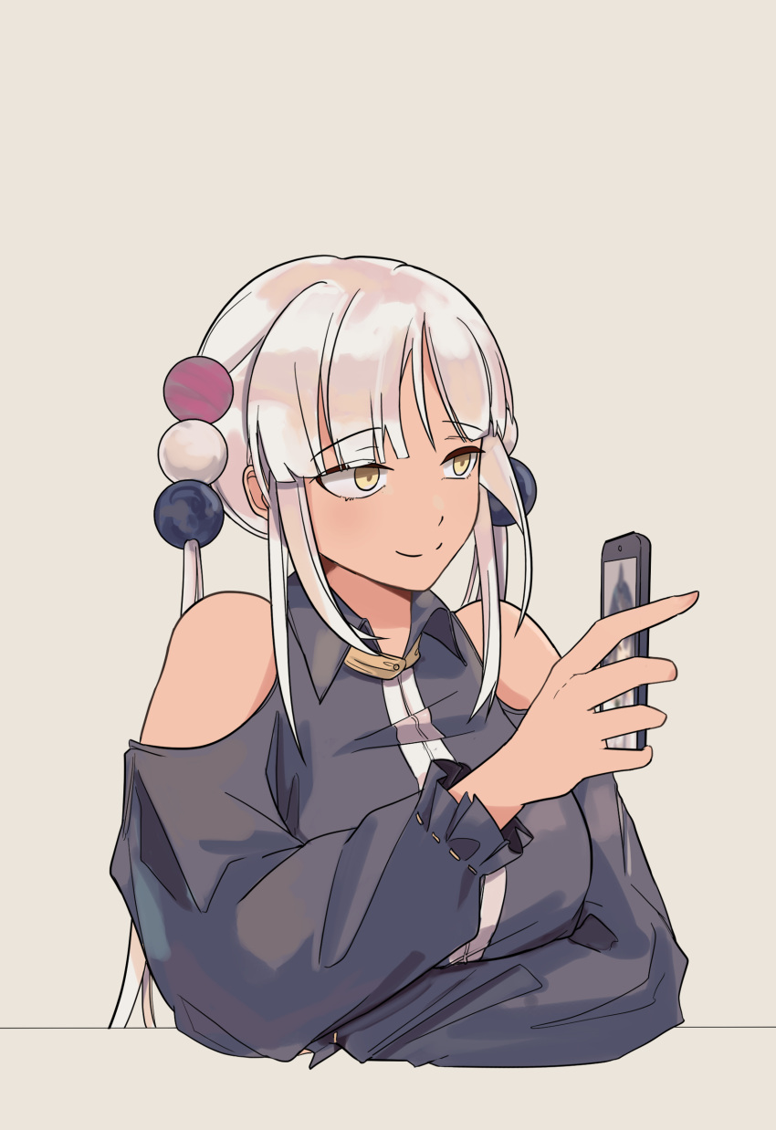 1girl absurdres casual cellphone clothing_cutout cutewolf1230 dark-skinned_female dark_skin highres hololive hololive_english phone shoulder_cutout smartphone smile taking_picture tsukumo_sana twintails virtual_youtuber white_hair yellow_eyes