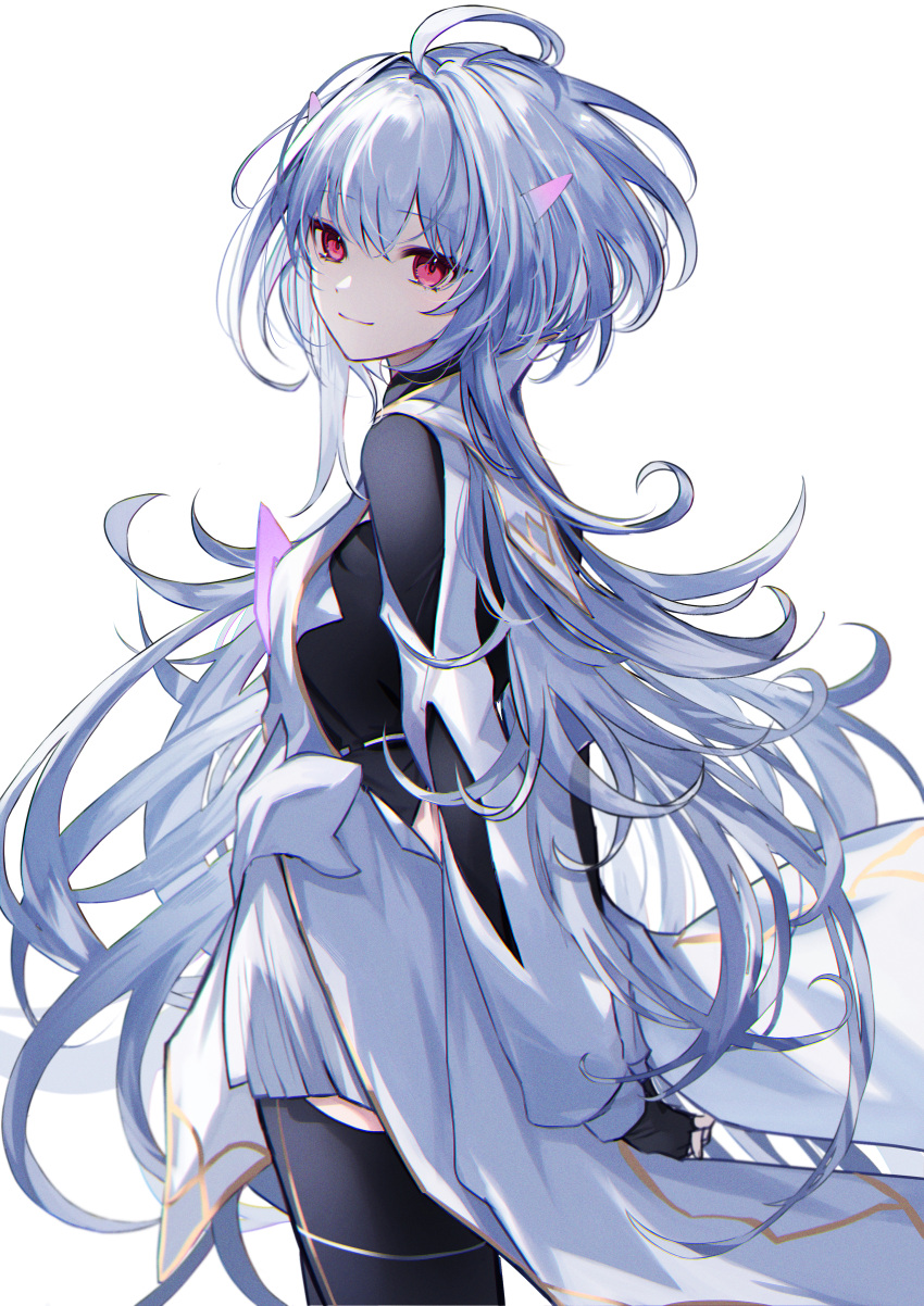 1girl absurdres ahoge arms_behind_back bangs black_gloves black_pants breasts fate/grand_order fate/prototype fate_(series) fingerless_gloves gloves highres long_hair long_sleeves looking_at_viewer medium_breasts merlin_(fate/prototype) pants smile solo thighs very_long_hair violet_eyes white_hair white_robe wide_sleeves yui_(linaw-key08)
