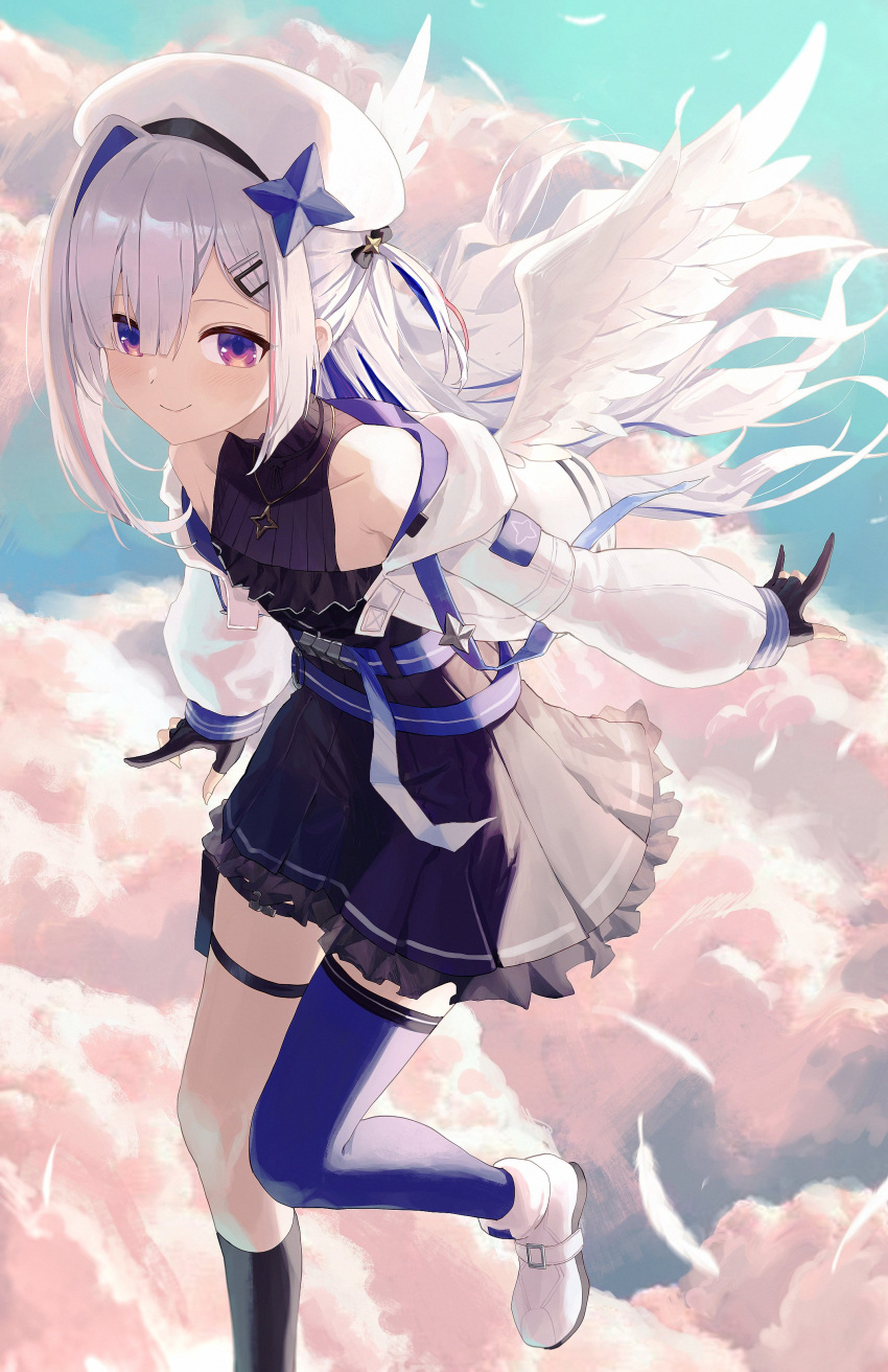 1girl absurdres amane_kanata angel angel_wings bare_shoulders blue_hair clouds day dress flying gloves hair_between_eyes hat highres hololive jacket jewelry kneehighs long_hair long_sleeves looking_at_viewer multicolored_hair necklace outdoors pellas_(panix2383) single_kneehigh single_thighhigh smile solo thigh-highs thigh_strap two-tone_hair violet_eyes virtual_youtuber white_hair wings