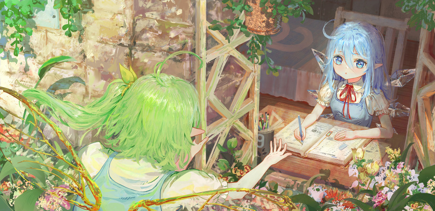 2girls :o ahoge ayaxno bed blue_dress blue_eyes blue_hair book brick_wall chair cirno collared_shirt commentary daiyousei desk dress eyebrows_behind_hair fairy_wings flower grass green_hair hair_between_eyes hair_ornament highres holding holding_pencil ice ice_wings ivy leaf_hair_ornament light_blush looking_at_another looking_inside looking_outside medium_hair multiple_girls neck_ribbon on_chair open_book open_mouth open_window paper pencil pink_flower pointy_ears puffy_short_sleeves puffy_sleeves reaching red_flower red_ribbon ribbon ruler shirt short_sleeves side_ponytail sitting touhou white_flower white_shirt window wings writing yellow_flower