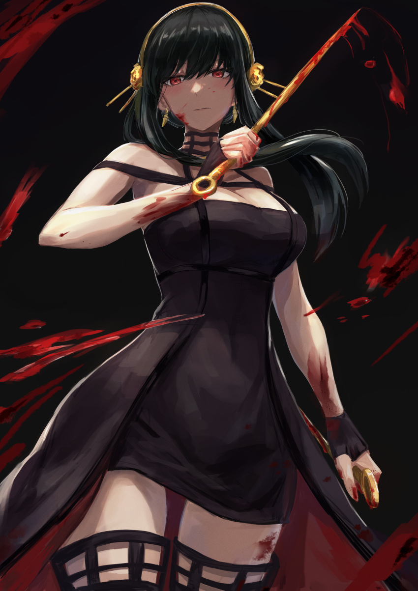 1girl absurdres black_dress black_hair black_legwear blood blood_on_arm blood_on_face blood_on_leg blood_on_weapon breasts cowboy_shot dagger dress dual_wielding earrings gold_earrings gold_hairband hair_bun highres holding holding_dagger holding_weapon jewelry knife large_breasts red_eyes rose_hair_ornament sakazuki_sudama short_hair_with_long_locks sidelocks sleeveless sleeveless_dress solo spy_x_family standing thigh-highs two-sided_dress weapon yor_briar