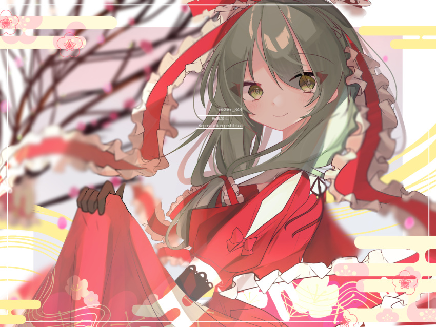 1girl blurry blurry_foreground brown_gloves cherry_blossoms clothes_lift depth_of_field dress dress_lift eyebrows_visible_through_hair eyes_visible_through_hair frills gloves green_hair hair_between_eyes hair_ornament hair_ribbon highres kagiyama_hina lifted_by_self long_hair looking_at_viewer ribbon shion_343 smile solo touhou upper_body