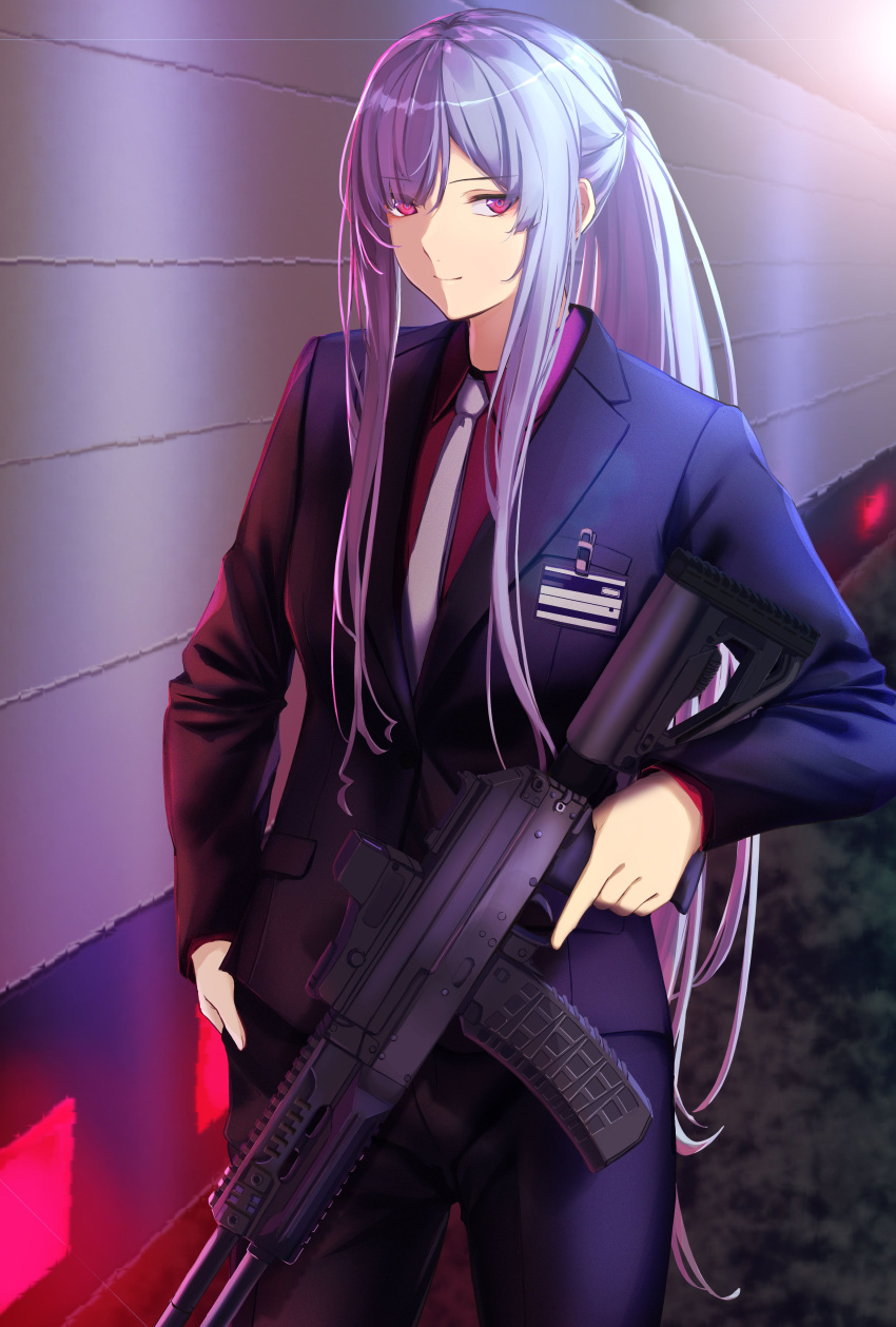 1girl 3_small_spiders absurdres ak-12 ak-12_(girls'_frontline) artificial_eyes business_suit collarbone eyebrows_visible_through_hair formal girls_frontline gun hallway hand_on_hip highres holding holding_gun holding_weapon jacket kalashnikov_rifle long_hair looking_at_viewer necktie ponytail shaded_face silver_hair solo suit suit_jacket violet_eyes weapon