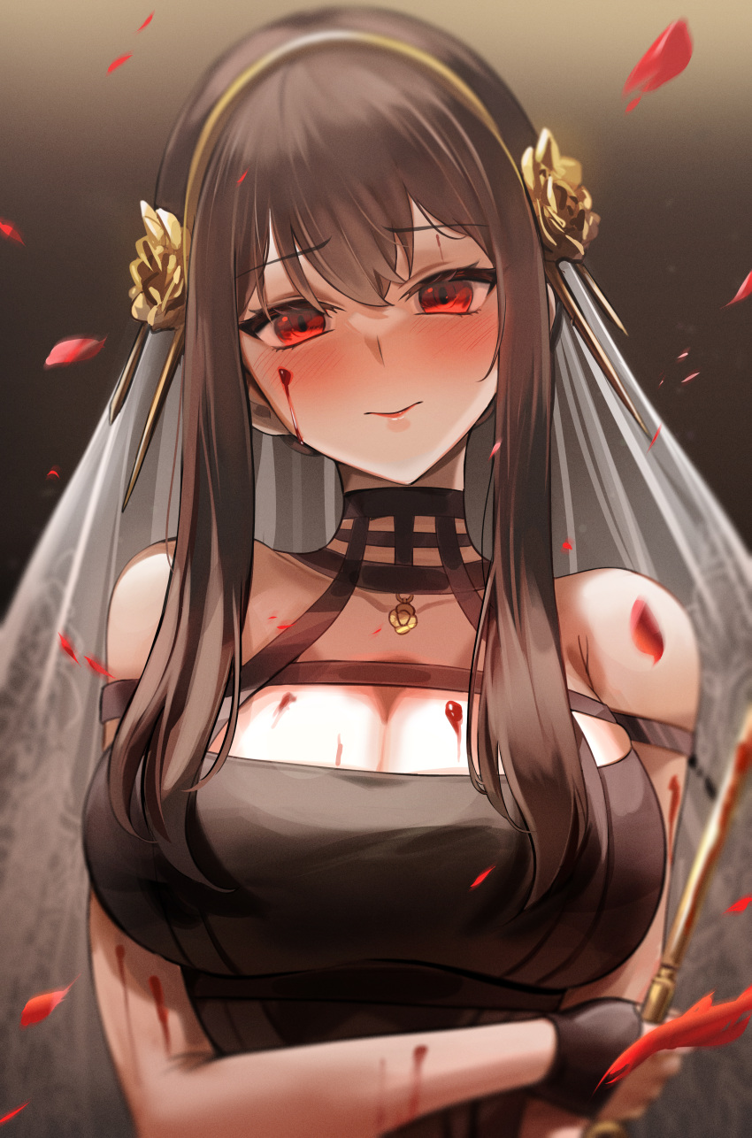 1girl absurdres bangs bare_shoulders blood blood_on_face blush breasts brown_hair dress hair_ornament highres holding holding_own_arm holding_weapon jewelry knife large_breasts long_hair looking_at_viewer red_eyes ring solo spy_x_family upper_body veil weapon wedding_band yor_briar yuki_(asayuki101)