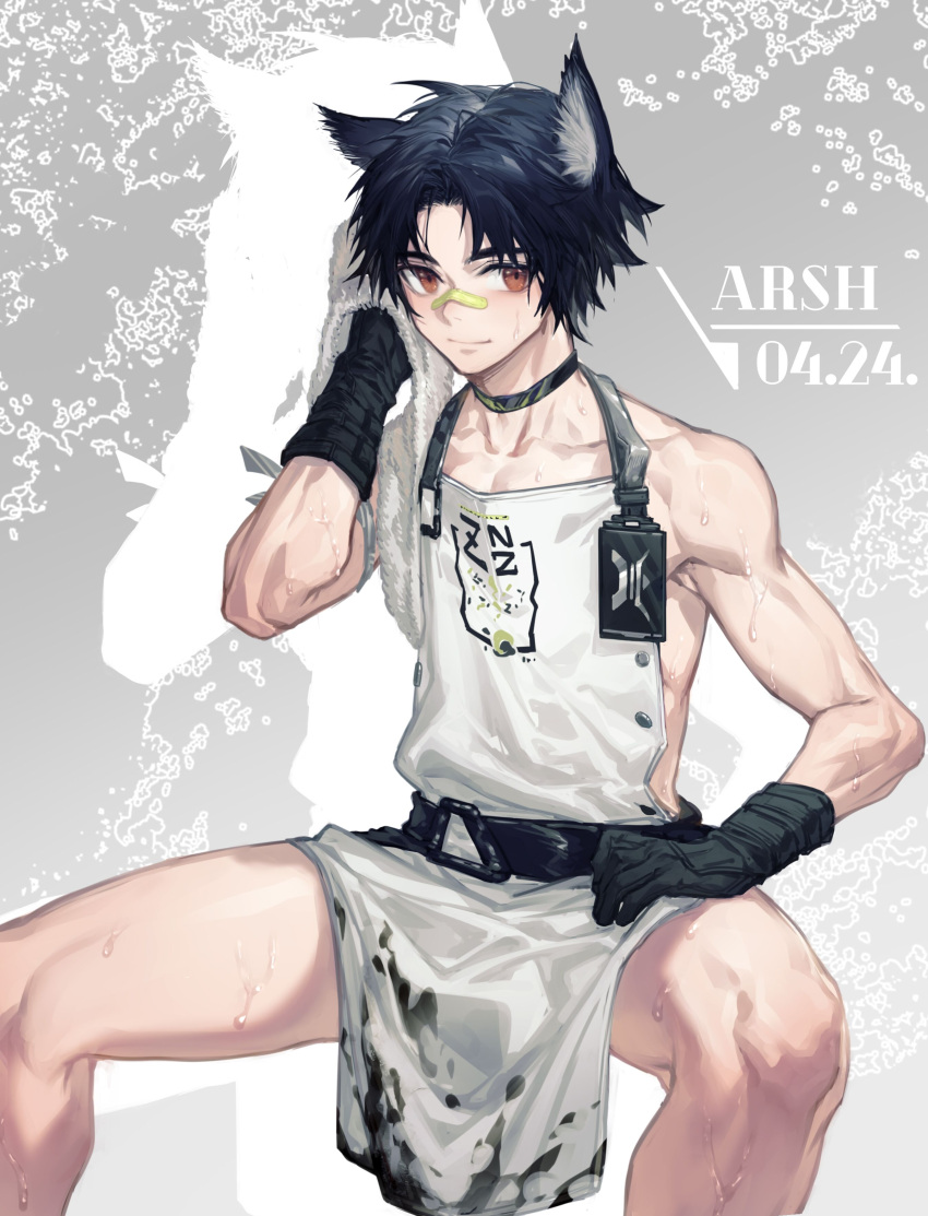 1boy absurdres animal_ear_fluff animal_ears apron arknights arsh_(arshxy) artist_name bandaid bandaid_on_face bandaid_on_nose bare_shoulders belt black_choker black_gloves black_hair brown_eyes choker closed_mouth collarbone dated feet_out_of_frame gloves highres invisible_chair naked_apron short_hair sitting smile solo spread_legs sweat windflit_(arknights) wiping_sweat