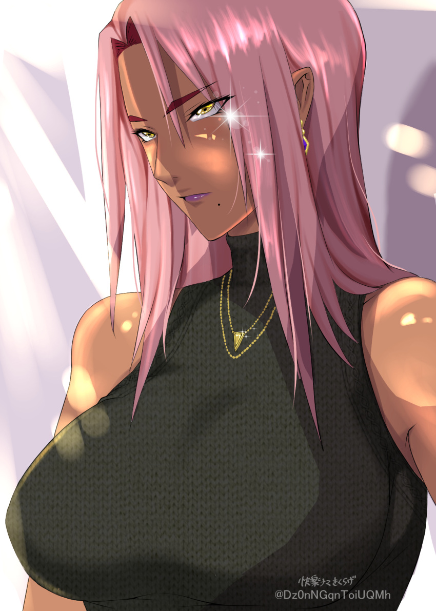 1girl alternate_costume artist_name black_sweater breasts casual dark-skinned_female dark_skin earrings from_side gold highres ingrid_(taimanin_murasaki) jewelry kairaku_namakikurage large_breasts long_hair looking_at_viewer necklace pink_hair sleeveless sleeveless_sweater solo sweater taimanin_(series) taimanin_murasaki upper_body yellow_eyes