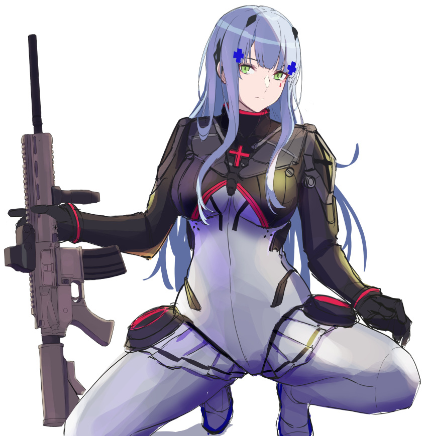 1girl 3_small_spiders absurdres assault_rifle bangs black_gloves blue_hair bodysuit breasts closed_mouth commentary eyebrows_visible_through_hair girls_frontline gloves green_eyes gun h&amp;k_hk416 hair_ornament hairclip highres hk416_(girls'_frontline) hk416_(midnight_evangelion)_(girls'_frontline) holding holding_gun holding_weapon long_hair long_sleeves looking_at_viewer medium_breasts official_alternate_costume rifle sitting solo teardrop_facial_mark teardrop_tattoo weapon white_background