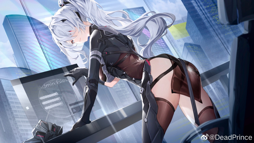 1girl absurdres aether_gazer bangs black_bodysuit black_gloves blue_eyes bodysuit breasts brown_legwear cityscape deadprince dutch_angle from_side gloves grey_hair hair_between_eyes hair_ornament heterochromia high_ponytail highres indoors kotachi_(aether_gazer) long_hair looking_at_viewer looking_to_the_side medium_breasts parted_lips ponytail red_eyes solo standing thigh-highs very_long_hair