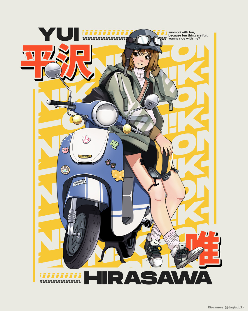 1girl absurdres artist_name black_footwear black_shorts brown_eyes brown_hair character_name commentary english_commentary english_text full_body goggles green_jacket hand_up helmet highres hirasawa_yui holding holding_helmet jacket k-on! legs long_sleeves motor_vehicle motorcycle_helmet scooter shoes shorts sitting smile sneakers socks solo taqi99 thighs turtleneck twitter_username watermark white_socks