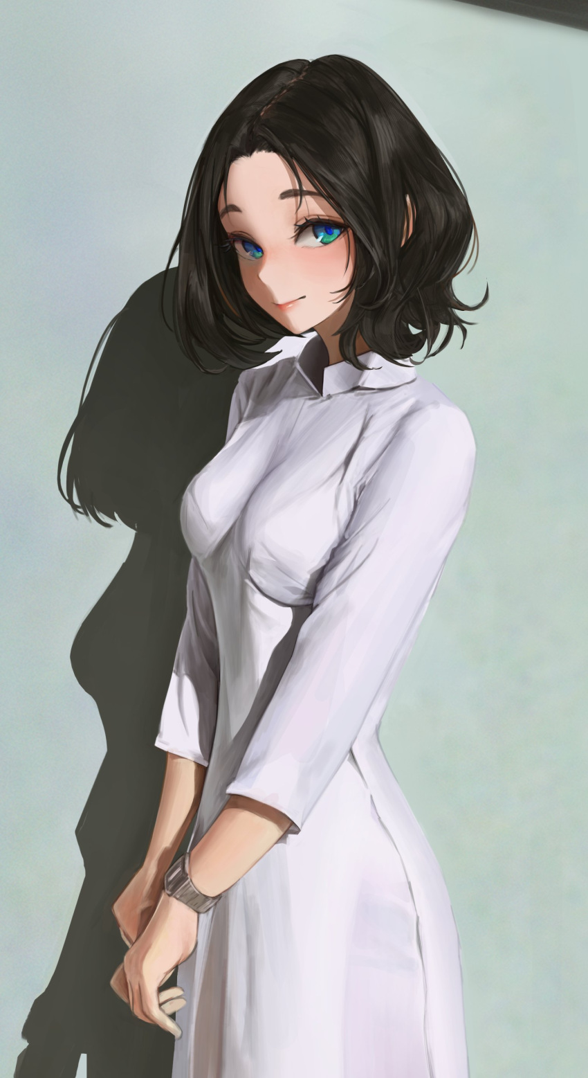 1girl absurdres black_hair blue_eyes blush bra_visible_through_clothes breasts collared_dress cowboy_shot derivative_work dress english_commentary from_side green_eyes highres long_sleeves looking_at_viewer medium_breasts medium_hair multicolored_eyes nanairo_(kim0116v) original own_hands_together parted_hair photo-referenced shadow smile solo standing watch watch