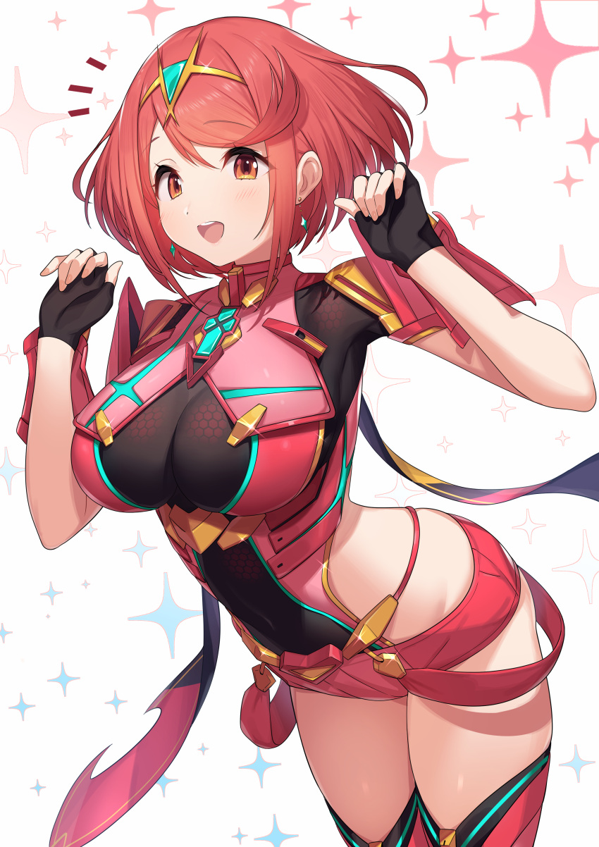 1girl :d absurdres bangs black_gloves blush breasts chest_jewel commentary_request earrings fingerless_gloves gem gloves green322 headpiece highres jewelry large_breasts looking_at_viewer pyra_(xenoblade) red_eyes red_legwear red_shorts redhead short_hair short_shorts shorts smile solo swept_bangs thigh-highs tiara xenoblade_chronicles_(series) xenoblade_chronicles_2