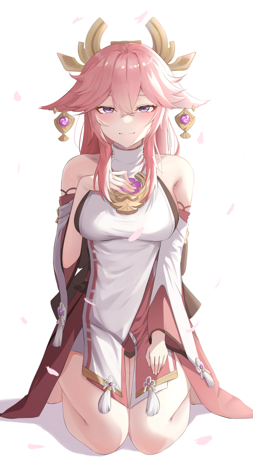 1girl absurdres animal_ears bare_legs blush breast_suppress breasts cherry_blossoms closed_mouth commentary detached_sleeves earrings flower_knot fox_ears full_body genshin_impact hair_between_eyes hand_on_own_chest headpiece highres jewelry long_hair looking_at_viewer medium_breasts necklace petals pink_hair seiza seya_0517 simple_background sitting smile solo tassel violet_eyes white_background yae_miko