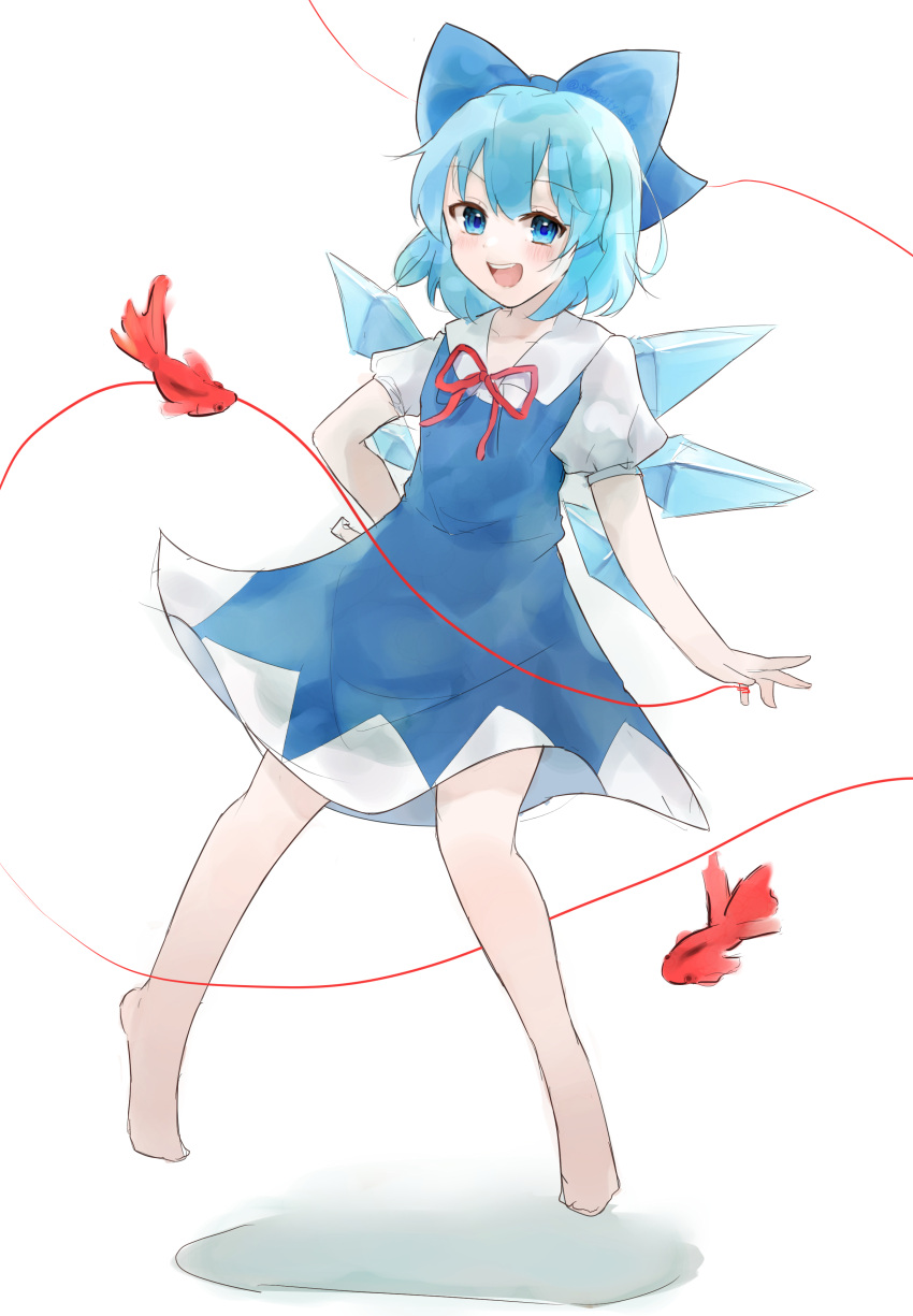 1girl :d absurdres barefoot blue_dress blue_eyes blue_hair blush bow cirno dress fish floating full_body hair_bow hand_on_hip highres ice looking_at_viewer open_mouth puffy_short_sleeves puffy_sleeves red_ribbon ribbon ruto_(mwtp2485) short_hair short_sleeves smile solo string string_of_fate teeth touhou upper_teeth wings