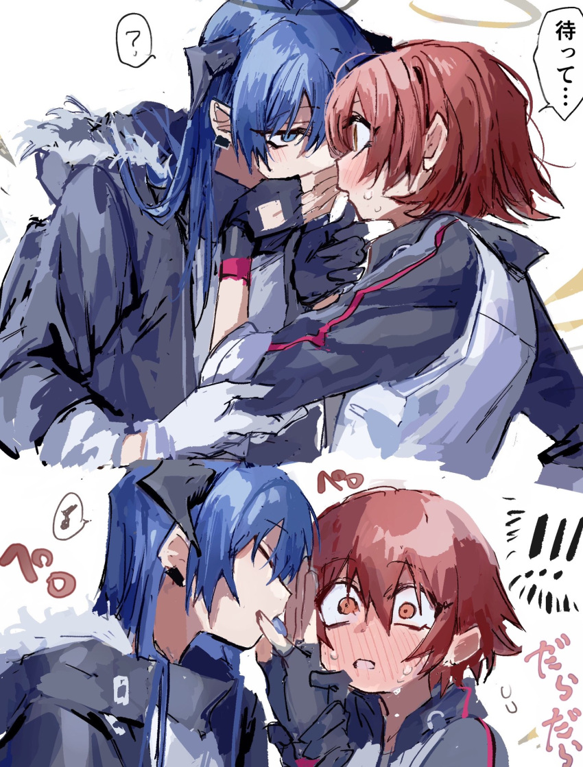 2girls ? arknights asymmetrical_gloves bangs black_coat black_gloves blue_eyes blue_hair blue_tongue blush closed_eyes coat colored_tongue covering_another's_mouth detached_wings ear_piercing embarrassed energy_wings exusiai_(arknights) eye_contact eyebrows_visible_through_hair fingerless_gloves full-face_blush gloves halo highres hood hood_down hooded_coat horns jacket licking licking_hand long_hair long_sleeves looking_at_another mismatched_gloves mostima_(arknights) multiple_girls musical_note na_tarapisu153 open_clothes open_coat open_mouth piercing red_eyes redhead short_hair simple_background speech_bubble spoken_musical_note spoken_question_mark sweat sweating_profusely tongue tongue_out white_background white_gloves white_jacket wide-eyed wings yuri