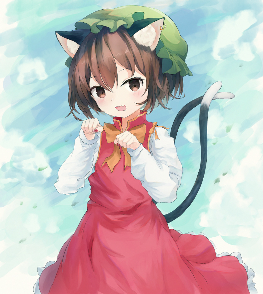1girl :d animal_ears ar_(maeus) bangs blush bow bowtie brown_eyes brown_hair cat_ears cat_tail chen clouds day dress earrings eyebrows_visible_through_hair fang green_headwear hat highres jewelry light_blush long_sleeves looking_at_viewer mob_cap multiple_tails nekomata open_mouth outdoors paw_pose shirt short_hair single_earring skin_fang sky smile solo tail touhou two_tails white_shirt