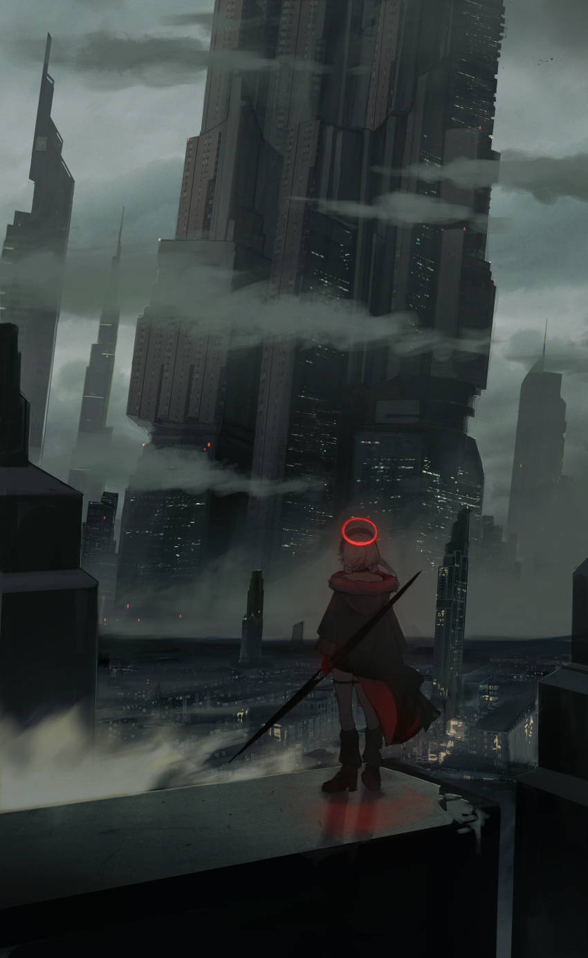1other absurdres ambiguous_gender black_coat building city clouds cloudy_sky coat es-ther from_behind glowing halo highres holding holding_weapon original outdoors scenery short_hair sky skyscraper standing weapon wide_shot