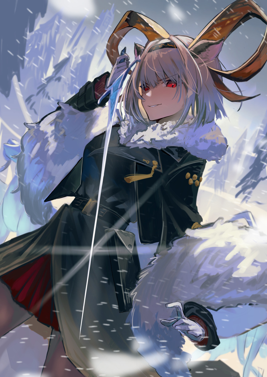 1girl absurdres animal_ears arknights bangs belt black_coat black_hairband blush brown_legwear carnelian_(arknights) carnelian_(hohenlohe_chillysand)_(arknights) coat dark-skinned_female dark_skin day eyebrows_visible_through_hair fur_collar fur_shawl gloves goat_ears goat_horns hairband highres holding holding_sword holding_weapon horns long_sleeves looking_at_viewer miniskirt natsuba002 official_alternate_costume outdoors pantyhose parted_lips pleated_skirt pouch red_eyes red_skirt short_hair silver_hair skirt smile snow snowing solo sword v-shaped_eyebrows weapon white_gloves winter