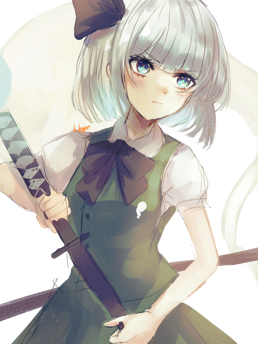 1girl absurdres artist_name bangs black_bow black_bowtie black_ribbon blue_eyes blush bow bowtie buttons closed_mouth collared_shirt commentary_request dress eyebrows_visible_through_hair eyelashes ghost ghost_print green_dress grey_hair hair_ribbon hand_up highres hikage_(0hi_kageo) hitodama katana konpaku_youmu konpaku_youmu_(ghost) looking_to_the_side one-hour_drawing_challenge puffy_short_sleeves puffy_sleeves ribbon shirt short_hair short_sleeves simple_background solo standing sword touhou v-shaped_eyebrows weapon white_background white_shirt