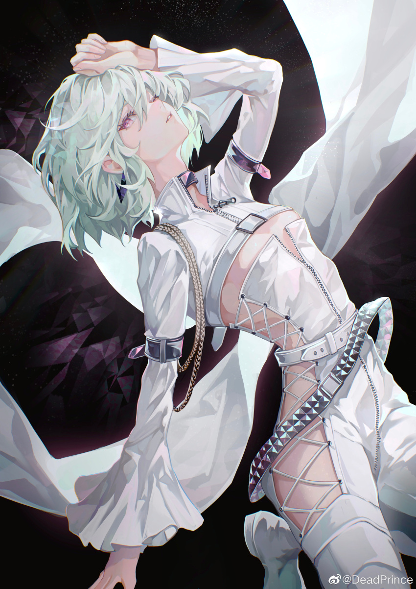 1girl absurdres arm_up bangs belt bodysuit cropped_jacket deadprince green_hair hair_between_eyes highres jacket long_sleeves original parted_lips partially_unzipped pink_eyes short_hair solo white_belt white_bodysuit white_footwear white_jacket