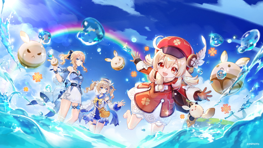 3girls aqua_flower backpack bag bag_charm barbara_(genshin_impact) barbara_(summertime_sparkle)_(genshin_impact) belt black_bow blonde_hair bloomers blue_eyes blue_sailor_collar blue_sky blue_swimsuit bow cabbie_hat charm_(object) clover_print coat detached_sleeves dodoco_(genshin_impact) drill_hair earrings elf genshin_impact hair_bow hat hat_feather hat_ornament high-waist_shorts high_ponytail highres jean_(genshin_impact) jean_(sea_breeze_dandelion)_(genshin_impact) jewelry klee_(genshin_impact) long_sleeves low_twintails multiple_girls ocean official_alternate_costume official_art outdoors pocket pointy_ears rainbow randoseru red_coat red_eyes red_headwear sailor_collar shirt_tucked_in shorts siblings sisters sky swimsuit twin_drills twintails underwear white_feathers white_shorts
