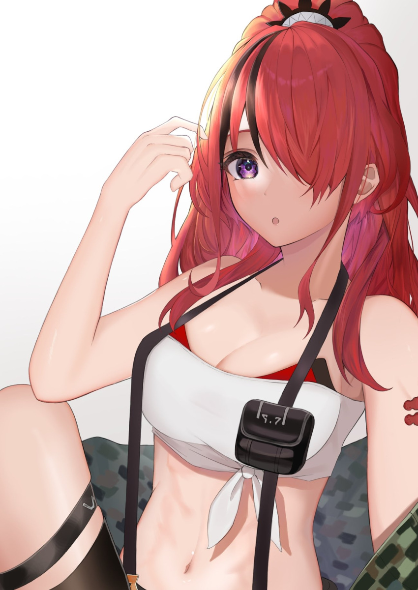 1girl :o bandeau bangs bare_shoulders breasts commentary gradient gradient_background grey_background hair_over_one_eye highres lain_paterson large_breasts long_hair looking_at_viewer midriff navel nijisanji off_shoulder parted_lips pouch redhead satchi_(sattytabunnhenn) solo stomach strapless suspenders thigh_strap thighs tube_top upper_body violet_eyes