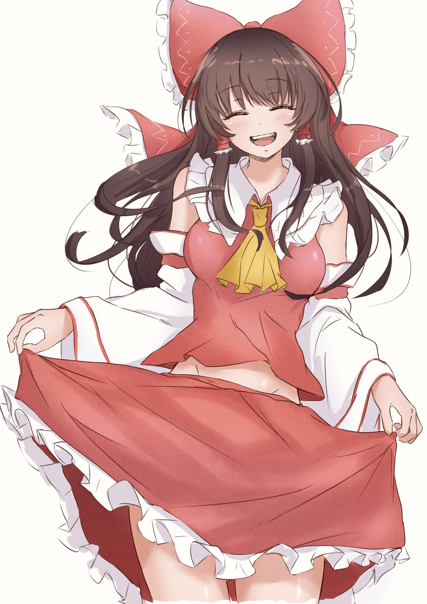 1girl absurdres ascot bangs bare_shoulders blush bow breasts brown_hair closed_eyes clothes_lift commentary_request cowboy_shot cropped_legs detached_sleeves eyebrows_visible_through_hair frilled_bow frilled_hair_tubes frilled_skirt frills hair_bow hair_tubes hakurei_reimu highres long_hair medium_breasts midriff_peek nijizuki_shino nontraditional_miko open_mouth red_bow red_shirt red_skirt shirt simple_background skirt skirt_lift smile solo touhou white_background wide_sleeves yellow_ascot