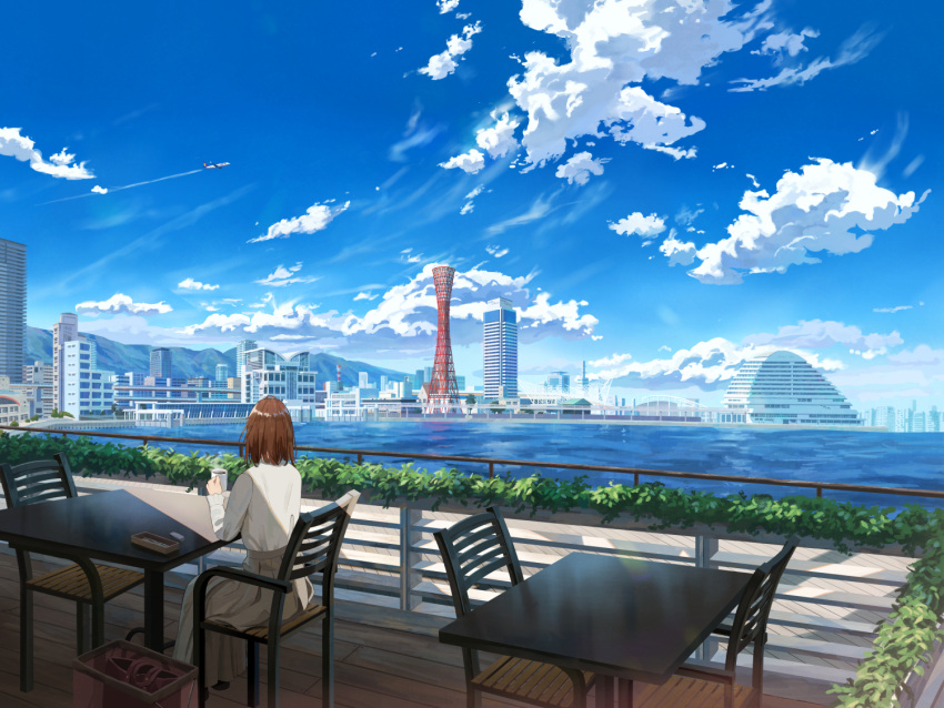 1girl aircraft airplane blue_sky breasts brown_hair brown_skirt building bush cafe chair city cityscape clouds commentary_request contrail cup day harbor holding holding_cup medium_breasts original outdoors railing restaurant scenery shirt shurock sitting skirt sky skyline skyscraper solo table tower white_shirt