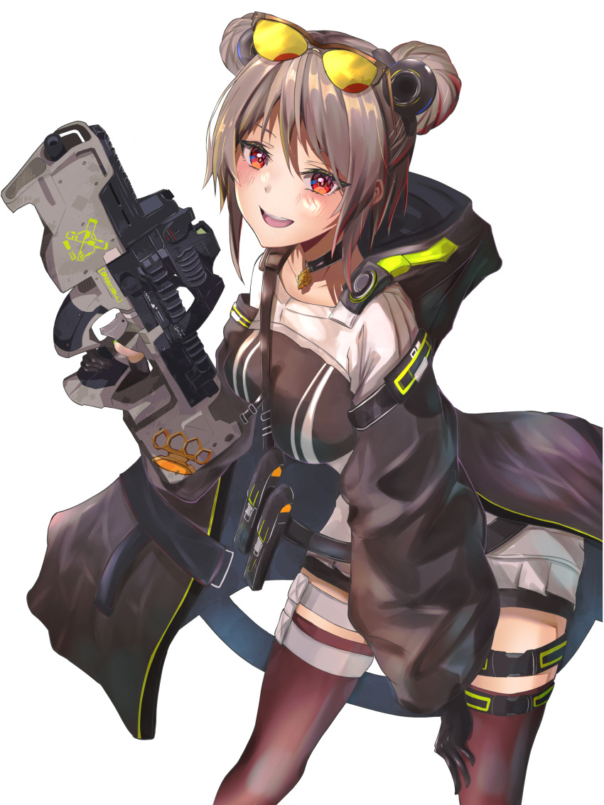 1girl absurdres bangs black_choker black_gloves black_legwear blush breasts brown_dress bullpup choker commentary commission double_bun dress eyebrows_visible_through_hair eyewear_on_head feet_out_of_frame girls_frontline gloves gun hair_ornament hairclip highres holding holding_gun holding_weapon leaning_forward light_brown_hair looking_at_viewer medium_breasts open_mouth p90 p90_(girls'_frontline) pixiv_request r9k1 red_eyes short_hair smile solo standing submachine_gun sunglasses teeth thigh-highs upper_teeth weapon white_background