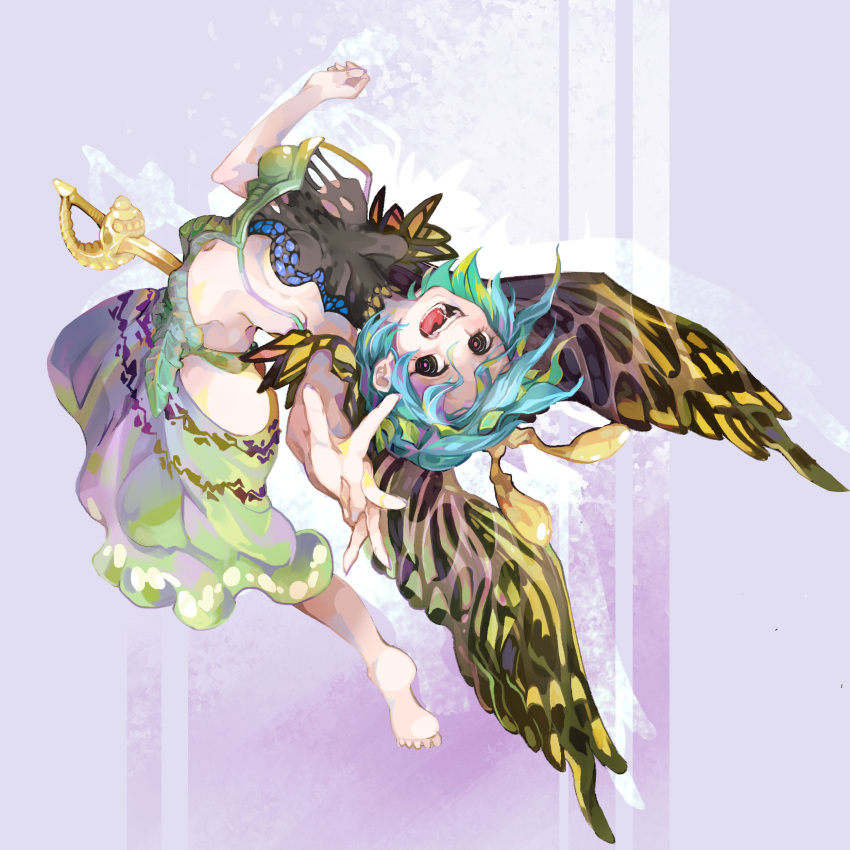 1girl @_@ absurdres adapted_costume antennae aqua_hair bad_anatomy barefoot black_eyes breasts butterfly_wings eternity_larva fairy full_body green_skirt highres leaf leaf_on_head momu_(user_jgwv8858) navel open_mouth short_hair short_sleeves skirt small_breasts solo touhou weapon wings