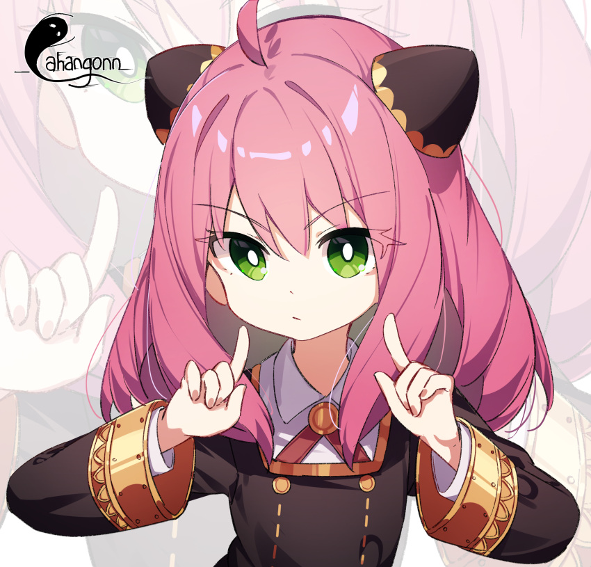 1girl ahoge anya_(spy_x_family) artist_name black_dress bright_pupils child closed_mouth dress eyebrows_visible_through_hair green_eyes hairpods highres index_finger_raised long_sleeves looking_at_viewer medium_hair pink_hair shiroi_ou solo spy_x_family upper_body v-shaped_eyebrows zoom_layer