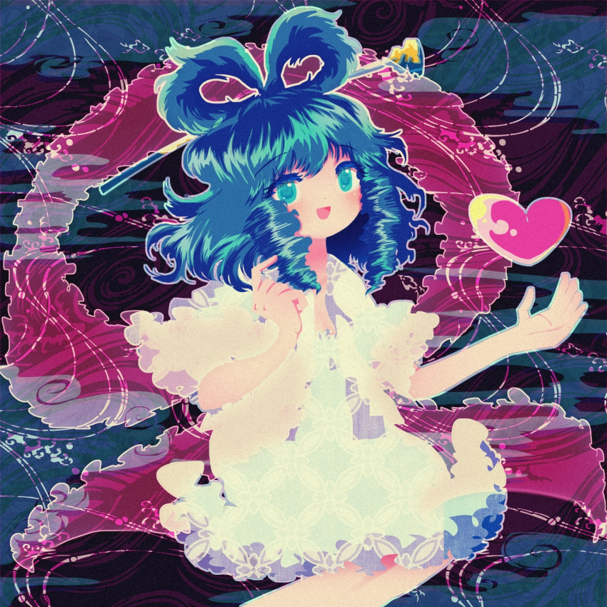 1girl :d bangs blue_dress blue_eyes blue_hair blush dress drill_hair eyebrows_visible_through_hair hagoromo hair_ornament hair_rings hair_stick heart highres kaku_seiga looking_at_viewer medium_hair okizari shawl short_sleeves smile solo touhou