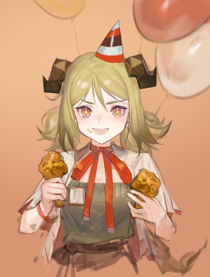 1girl :d arknights balloon bangs blonde_hair choker fengyin_shici_guozi food food_on_face fried_chicken hair_between_eyes hat highres holding holding_food horns ifrit_(arknights) ifrit_(children's_party)_(arknights) looking_at_viewer low_twintails official_alternate_costume open_clothes open_mouth open_shirt orange_background orange_eyes party_hat red_choker red_ribbon ribbon ribbon_choker shirt short_hair simple_background smile solo strapless tube_top twintails upper_body white_shirt