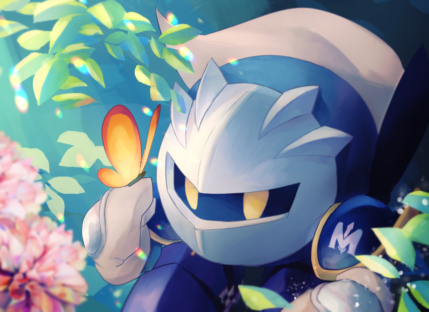 absurdres armor blurry blurry_foreground bug butterfly butterfly_on_hand cape commentary_request flower hand_up helmet highres kirby_(series) looking_at_viewer male_focus meta_knight outdoors plant rainbow_gradient solid_circle_pupils solo vul3hl0smteyk1z yellow_eyes