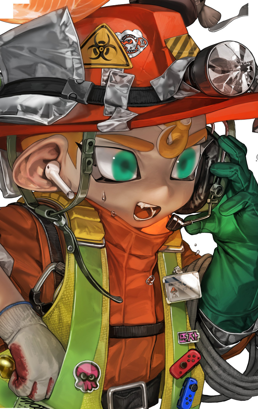 1boy absurdres asymmetrical_gloves blue_eyes bluetooth_headset commentary_request fire_helmet firefighter firefighter_jacket flashlight headset highres inkling jacket korean_commentary male_focus nintendo nintendo_switch open_mouth simple_background solo splatoon_(series) squid teeth tentacle_hair tto_ja white_background wireless_earphones