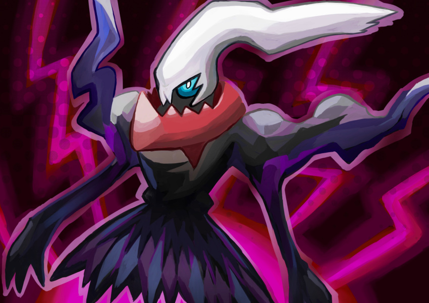 blue_eyes bright_pupils commentary_request darkrai energy highres looking_at_viewer no_humans outline pokemon pokemon_(creature) solo white_hair white_pupils yatathi