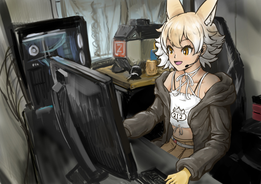 1girl animal_ear_fluff animal_ears coyote_(kemono_friends) coyote_ears coyote_girl coyote_tail evyngr gloves kemono_friends kemono_friends_v_project microphone multicolored_hair necktie open_mouth shirt sitting skirt smile solo tail virtual_youtuber
