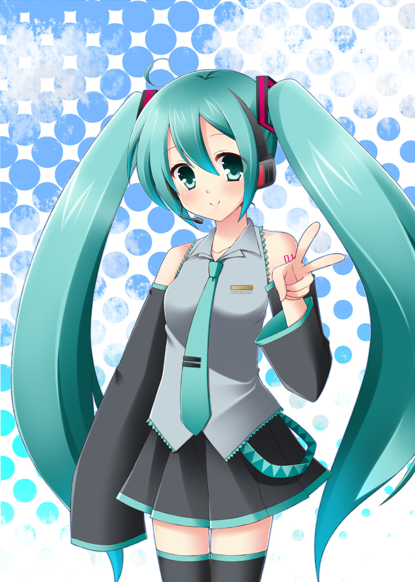 1girl absurdres aqua_eyes aqua_hair aqua_necktie bangs bare_shoulders belt black_footwear black_skirt black_sleeves blue_necktie breasts closed_mouth collared_shirt contrapposto detached_sleeves frilled_shirt_collar frills full_body grey_shirt hair_between_eyes hair_ornament hatsune_miku headphones headset highres long_hair looking_at_viewer mashiro_yuki miniskirt nail_polish necktie number_tattoo pigeon-toed pleated_skirt shirt shoulder_tattoo simple_background skirt sleeveless sleeveless_shirt sleeves_past_wrists small_breasts smile solo standing tattoo thigh-highs twintails very_long_hair vocaloid